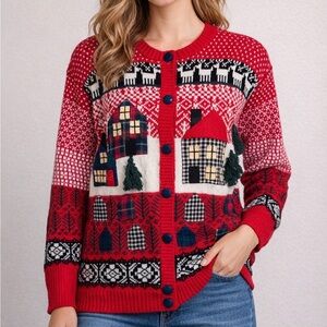 Susan Bristol Vintage 1991 Women’s Size M Cabin Christmas Sweater Cardigan Isle